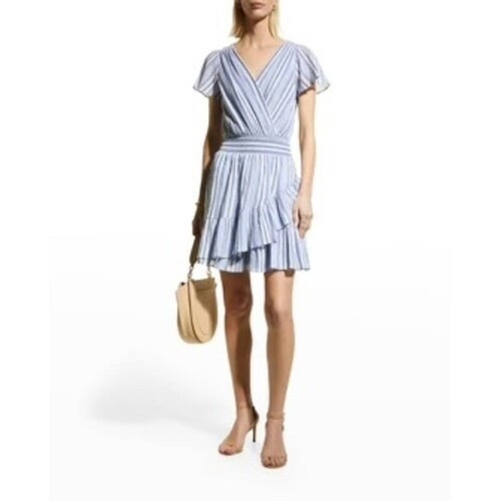 Michael Kors Striped Dress Women's Size 1X Smocked Waist V Neck Flounce Ruffle‎